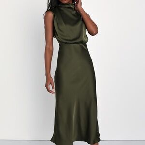 Lulus Distinctive Charm Olive Green Satin Asymmetrical Midi Dress - Size M